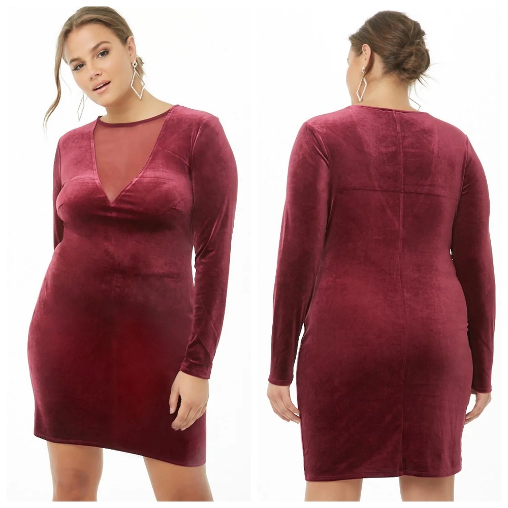 Burgundy V-neck Mesh Insert Velvet Mini Dress